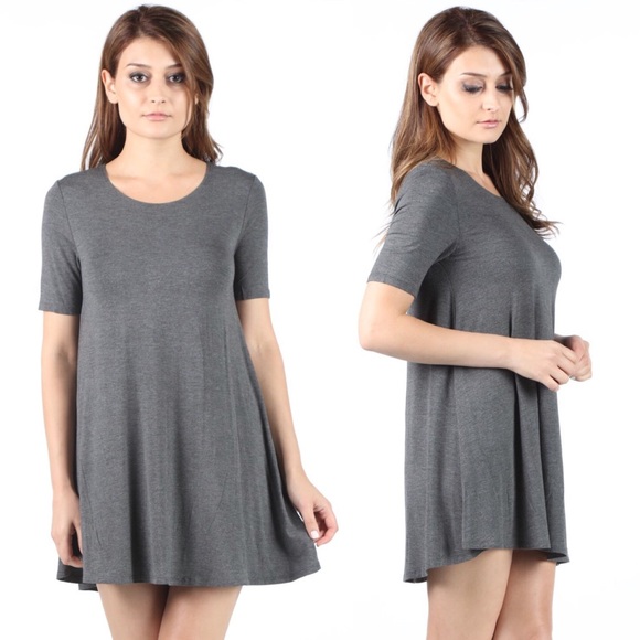 A Line Short Sleeve Mini Tunic Dress Dark Heather Grey - Picture 2 of 2